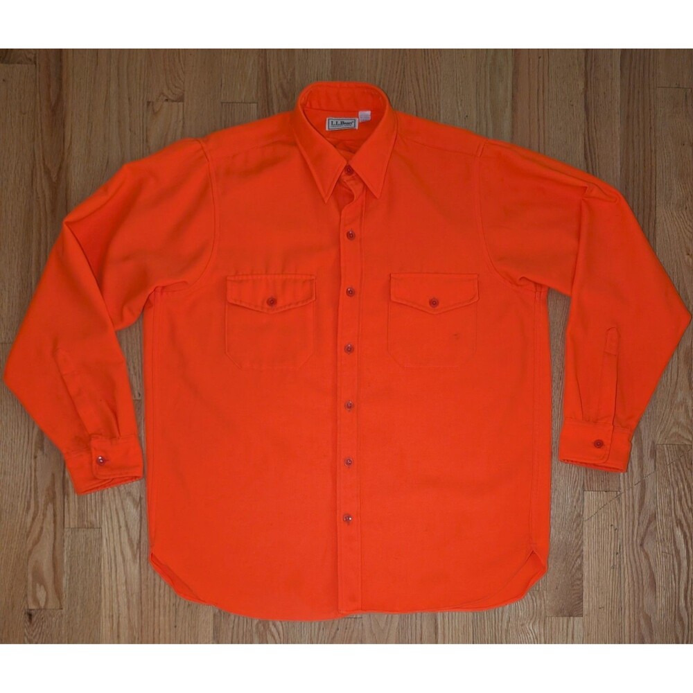Vtg 80s LL Bean Blaze Orange Hunting Field Shirt Mens L 16 16.5 Made in USA Poly